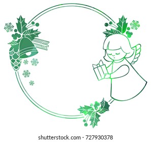 Christmas round sparkling frame with cute angels. Copy space. Christmas holiday background. Vector clip art.