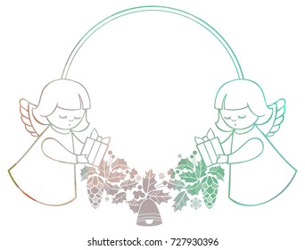Christmas round sparkling frame with cute angels. Copy space. Christmas holiday background. Vector clip art.