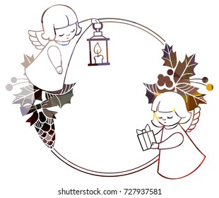 Christmas round sparkling frame with cute angels. Copy space. Christmas holiday background. Vector clip art.