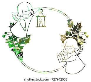 Christmas round sparkling frame with cute angels. Copy space. Christmas holiday background. Vector clip art.