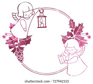 Christmas round sparkling frame with cute angels. Copy space. Christmas holiday background. Vector clip art.