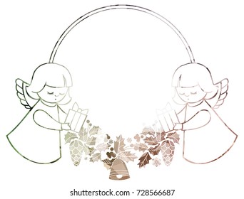 Christmas round sparkling frame with cute angels. Copy space. Christmas holiday background. Vector clip art.