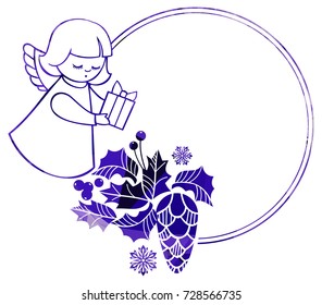 Christmas round sparkling frame with cute angels. Copy space. Christmas holiday background. Vector clip art.