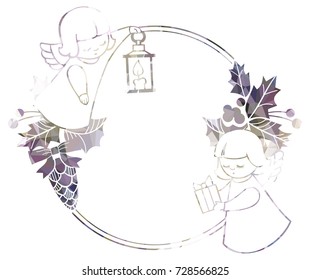 Christmas round sparkling frame with cute angels. Copy space. Christmas holiday background. Vector clip art.