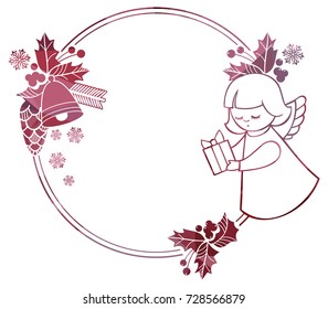 Christmas round sparkling frame with cute angels. Copy space. Christmas holiday background. Vector clip art.