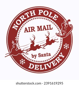 Christmas round stamp isolated, Santa Claus mail, reindeer sleigh rides.