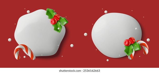 Navidades Plantilla de cuadro de texto redondo para venta Anuncio o publicación en redes sociales. Bola de nieve blanca 3d con decoraciones festivas sobre un fondo rojo para. Ilustración vectorial.