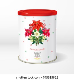 Christmas round tin packaging. Branches of poinsettia flowers, berries and hellebore. Winter snow pattern. Place for your text