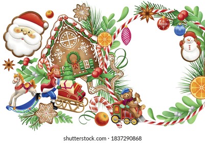 Christmas round vector greeting card. With Christmas toys, gingerbread, Christmas trees, gifts and berries, gingerbread house. Design for a holiday leaflet or banner.