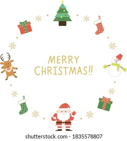 Christmas round vector with Santa Claus, tree, reindeer, snowman