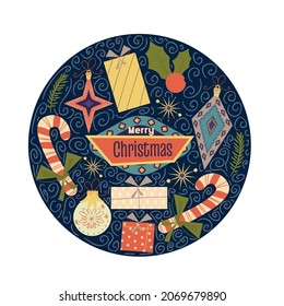 Christmas round vintage design isolated on White background.Retro colors for Christmas decorations, balls, trees, gifts. Round cover composition with snowflakes in flat style. Vector illustration