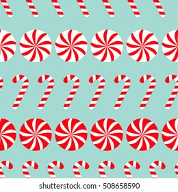 Christmas Round white and red sweet set. Candy Cane Seamless Pattern Decoration. Wrapping paper, textile template. Blue background. Flat design. Vector illustration.