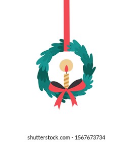 Christmas round wreath with candle, ribbons, red bow. Holiday vector clipart for greeting cards, invitations, decorations. New year design. Celebration illustration.