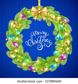 Christmas round wreath of fir-tree branches and colorful balls, bow and serpentine on knitted background. Merry Christmas calligraphy. Vector illustration.