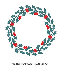 Christmas Round Wreath with Holly Branch Vector Illustration