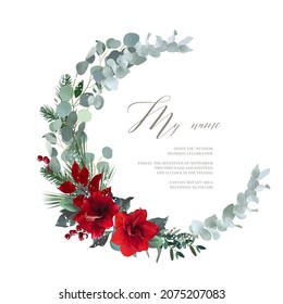 Christmas round wreath with red amaryllis, berry, eucalyptus, emerald pine, snow texture. Merry Christmas and Happy New Year seasonal card. Hand drawn winter composition isolated on white background