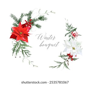 Christmas round wreath with red poinsettia, berry, cedar, spruce, emerald pine, tulip. Merry Christmas and Happy New Year seasonal card. Hand drawn winter composition isolated on white background