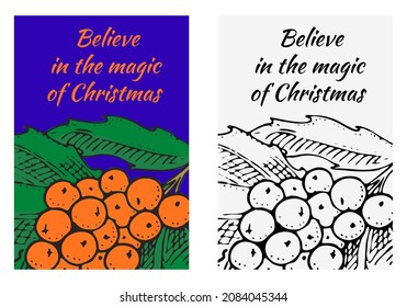 Christmas Rowan banner. New Year label. Poster template. Vintage sticker Flyer or labels. Engraved hand drawn sketch