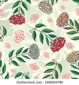 Christmas rowan tree branches with red, gold, silver berries. Seamless vector pattern on light green background with transparent leaf texture and randomly placed berries. Great for Christmas products