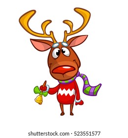 Christmas Rudolph reindeer in Santa hat ringing a bell. Vector illustration isolated