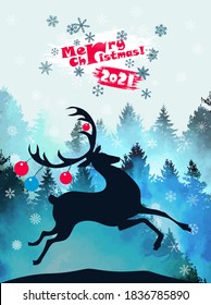 Christmas running deer with snowflakes. Merry Christmas. New Year card. Vector illustration