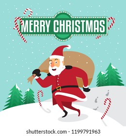 Christmas running Santa illustration, Santa running on snow while carrying gift, Christmas card design