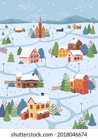 Christmas rural village scenery, cottages and trees in snow, flat cartoon design. Vector mountains, houses with light decorated by garlands, pathways, huts with fence, nordic chalets, winter holidays