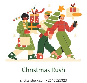 Christmas Rush concept. Festive holiday shopping frenzy illustrated with diverse characters carrying gifts. Seasonal cheer and yuletide errands scene. Vector illustration.