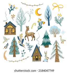 Christmas  rustic animals, birds and trees isolated. Wallpaper print.