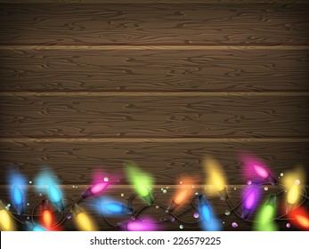 Christmas rustic background - vintage planked wood with lights and free text space. EPS 10 vector file included