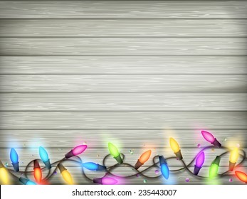 Christmas rustic background - vintage planked wood with lights and free text space. EPS 10 vector file included