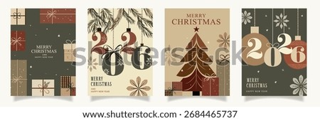Christmas rustic cards set with 2026 typography, Xmas tree, ornaments and gift boxes. Vintage retro holiday greeting templates. Festive New Year invitation design. Minimalist winter celebration poster