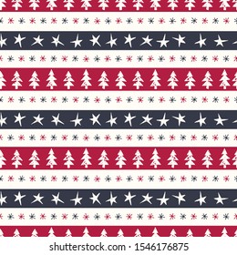 Christmas Rustic Festive Hand-Stamped Fir Trees, Snowflakes and Stars on Stripes on White Background Vector Seamless Pattern. Farmhouse Woodland Style Winter Holidays Background. Organic Country Print