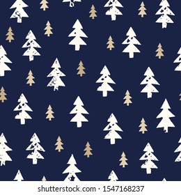 Navidad Rústica Festiva Con Sello Mano Blanco Y Oro Vector De Los Árboles Fícolas Sin Precedentes. Fondo de vacaciones de invierno al estilo de Woodland. Impresión de países orgánicos