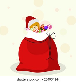 Christmas sack full of gifts on stylish beige background for Merry Christmas and other occasion celebrations.