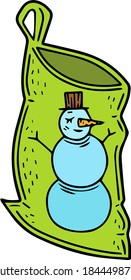 Christmas sack of Santa Claus. Snowman print. Single design element. Christmas theme, New Year, Winter. Scandinavian. Clipart. Postcard, sticker, advertising. Bright colors. Cartoon style.