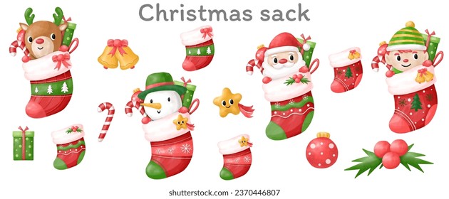 Christmas Sack Watercolor Clipart. Merry Christmas