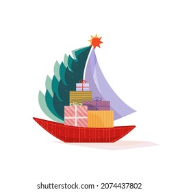 Christmas sailboat with fir tree, gifts present boxes vector icon. Funny boat, Christmas presents colorful cute cartoon design element illustration. Winter holidays season new year event background