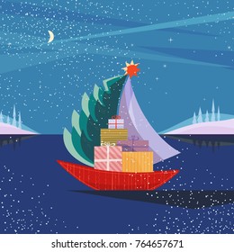 Christmas sailboat sailing by sea with fir tree, gifts present boxes. Fun boat on lake in snowy mountain valley. Colorful cute cartoon. Vector design for winter holiday season new year event