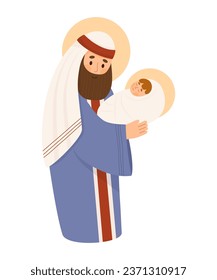 Christmas. Saint Joseph the Betrothed with baby Jesus Christ. Holy Forefather. Vector illustration in cartoon flat style for design religious themes, Catholic and Christian holidays