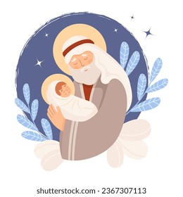 Christmas. Saint Joseph the Betrothed. Holy Forefather with baby Jesus Christ. Holy Night. Vector illustration in cartoon flat style for design religious themes, Catholic and Christian holidays