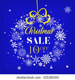 Christmas sale 10% off sign text over beautiful snowflake winter wreath vector illustration.