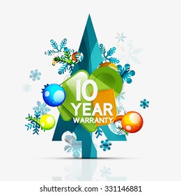 Christmas sale, 10 year warranty label. Holiday tag with reflection. Vector illustration