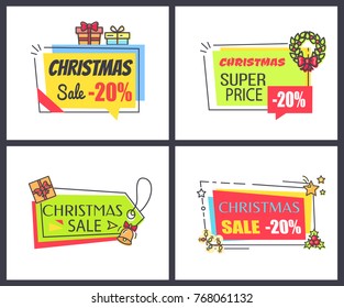 Christmas sale -20%, collection of posters with stickers of rectangular shapes with icons of presents, wreath and stars with bells vector illustration