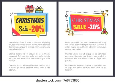 Christmas sale -20% off banners with text, advertisement labels with gift boxes, mistletoe branches, stars and bells, vector set of promo posters