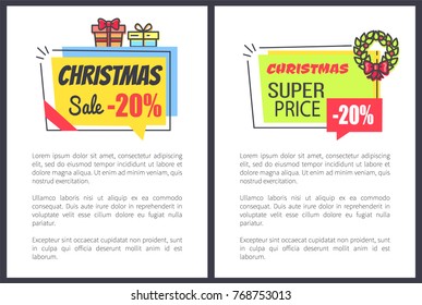 Christmas sale 20% off promo posters with discount labels decorated by gift boxes, winter wreath and present gift boxes vector illustrations with text