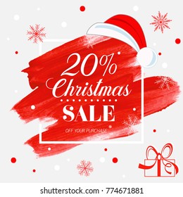 Christmas sale 20% off sign over holiday abstract brush painted background vector illustration. Perfect design for shop labels, banners or gift cards.