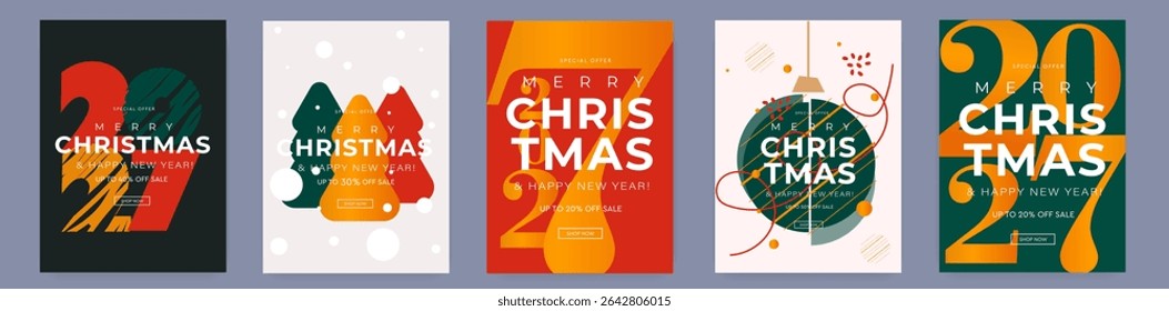 Christmas Sale 2027. Modern Design Set with number 2026, tree. Merry Christmas and Happy New Year for Advertising, Web, Social Media, Poster, Banner, Cover. Minimalist Art Xmas Typography.