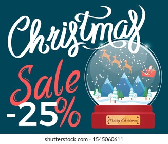Christmas sale 25 percent off price. Discount for seasonal shopping clearance in stores. Snowball with landscape and santa riding in carriage with reindeers. Offers in winter for shoppers vector