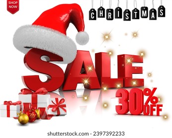 christmas sale 30 percent off, on white background with ball ,santa hat and gift decoration